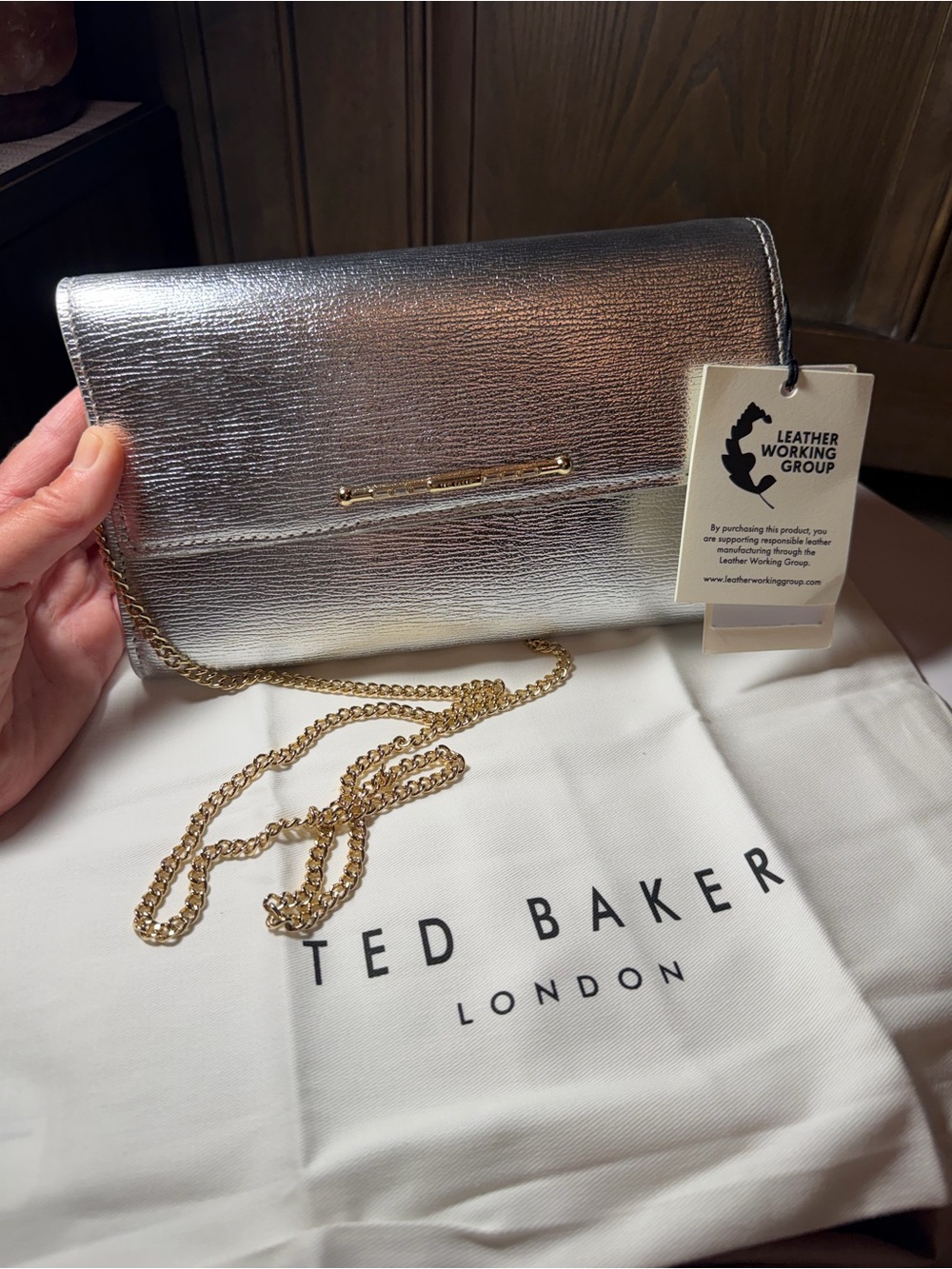 Ted Baker Silver Metallic Clutch with Gold Chain